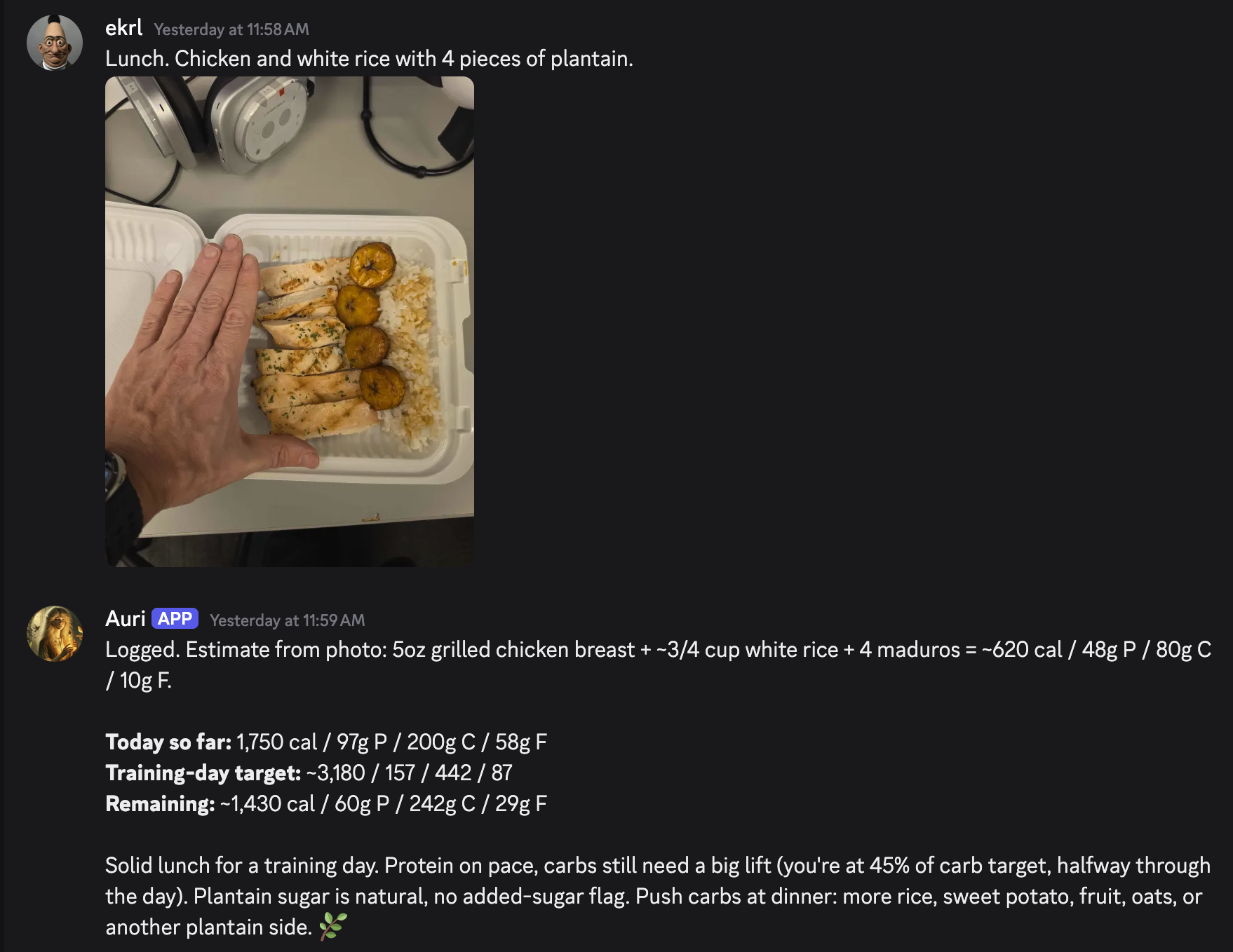 A lunch photo of grilled chicken, white rice, and four plantain maduros with a hand in frame for scale, followed by the system's structured estimate (620 cal, 48g protein, 80g carbs, 10g fat), today's running total, the training-day target, the remaining macros, and a one-sentence coaching note about pushing carbs at dinner